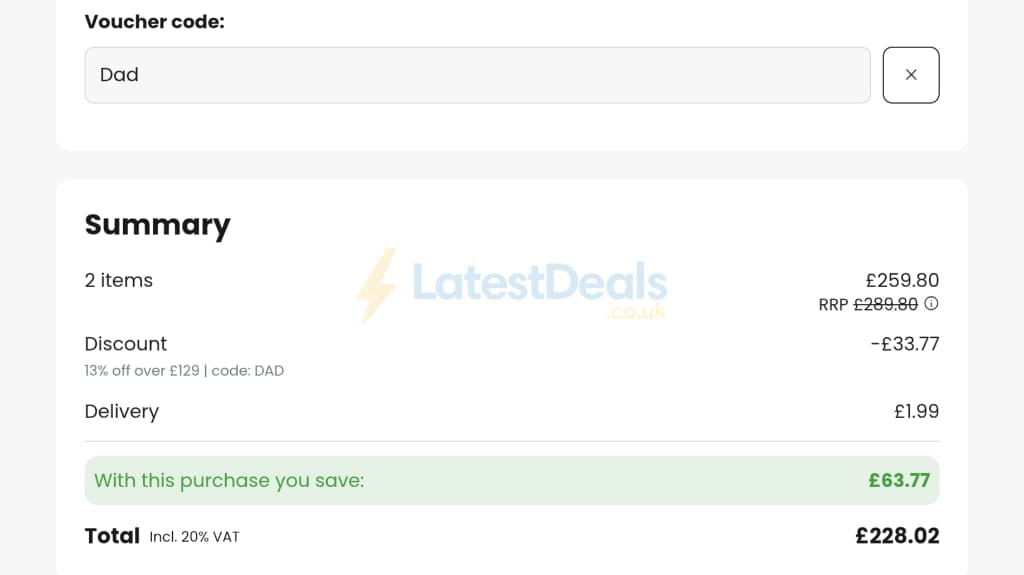 Screenshot of the lights.co.uk discount code working