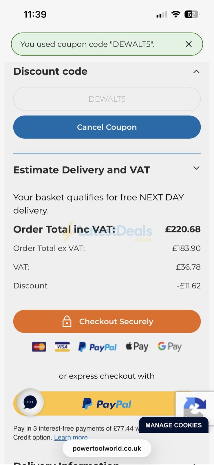 Screenshot of the Powertool World discount code working