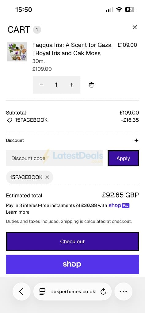 Screenshot of the Rook Perfumes London discount code working