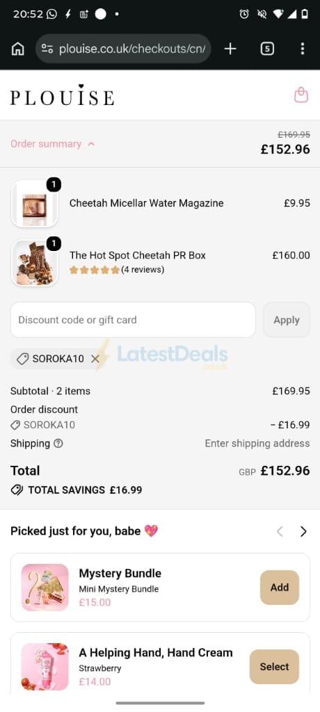 Screenshot of the P. Louise discount code working