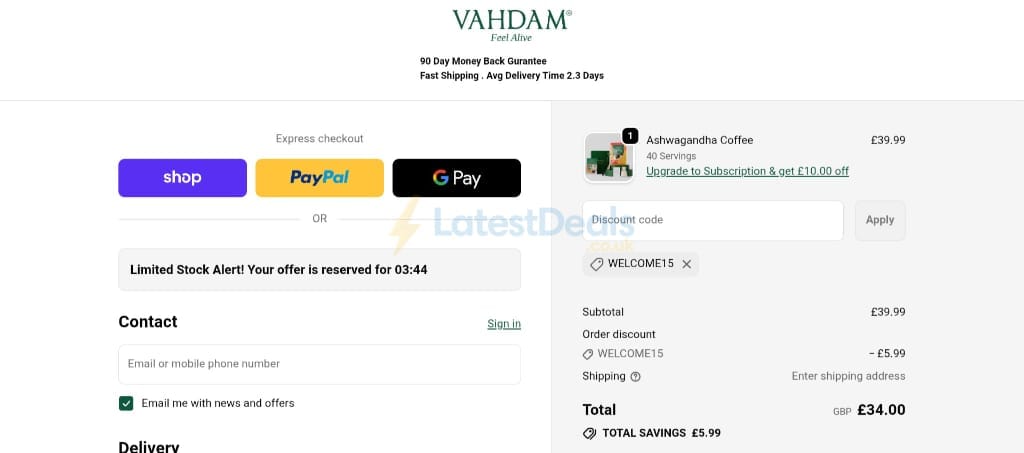 Screenshot of the Vahdam Teas discount code working