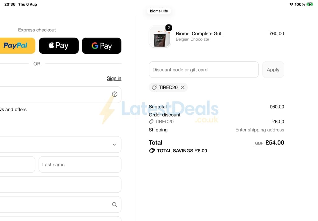 Screenshot of the Biomel discount code working