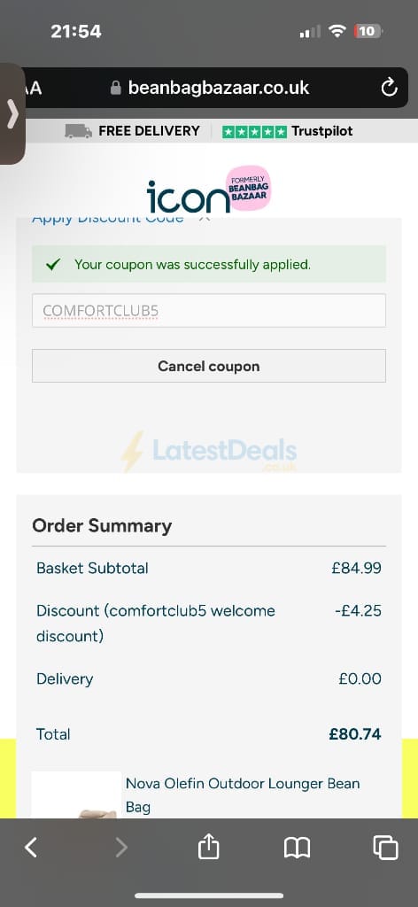 Screenshot of the Bean Bag Bazaar discount code working