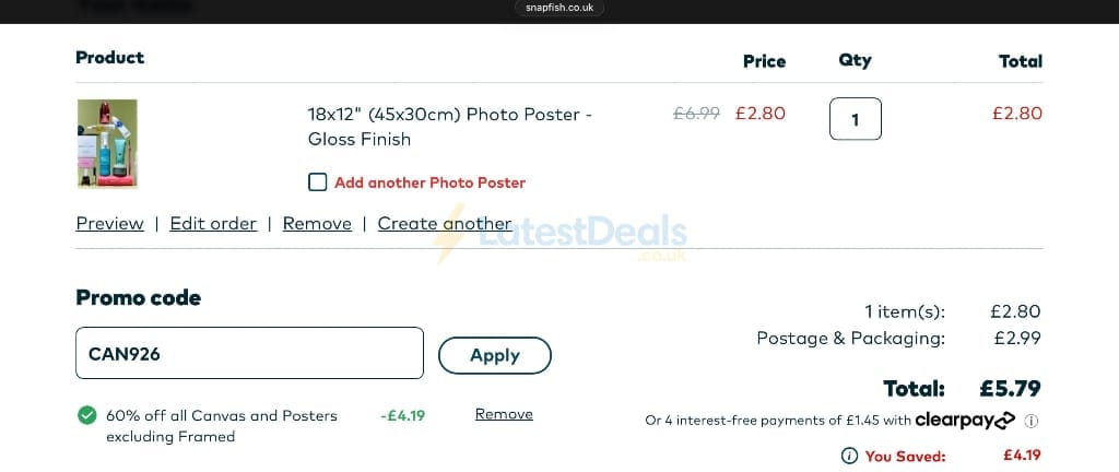 Screenshot of the Snapfish discount code working