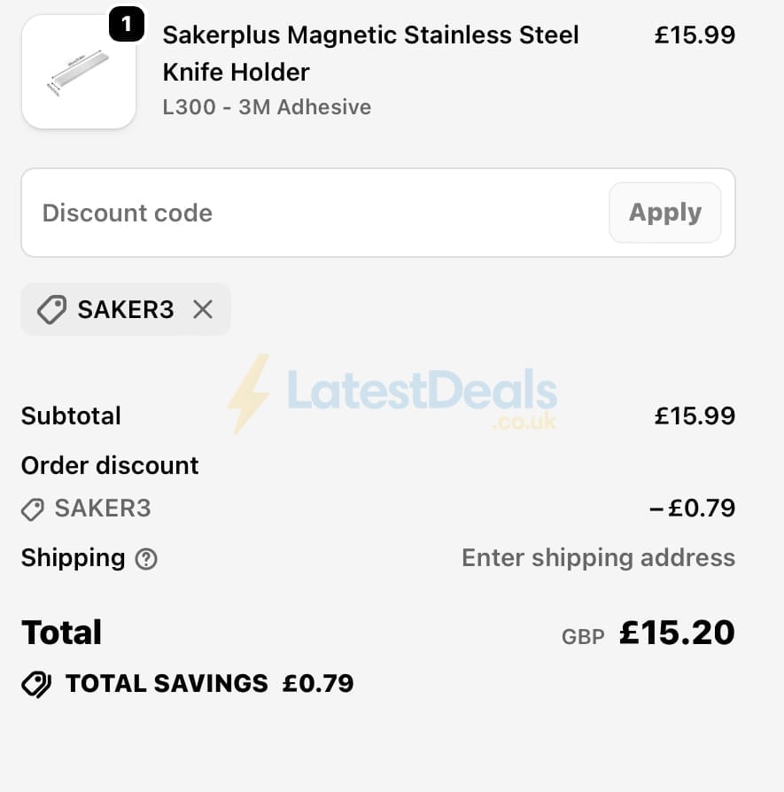 Screenshot of the SAKER discount code working