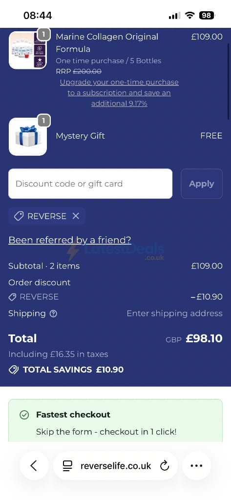 Screenshot of the Reverse Life discount code working