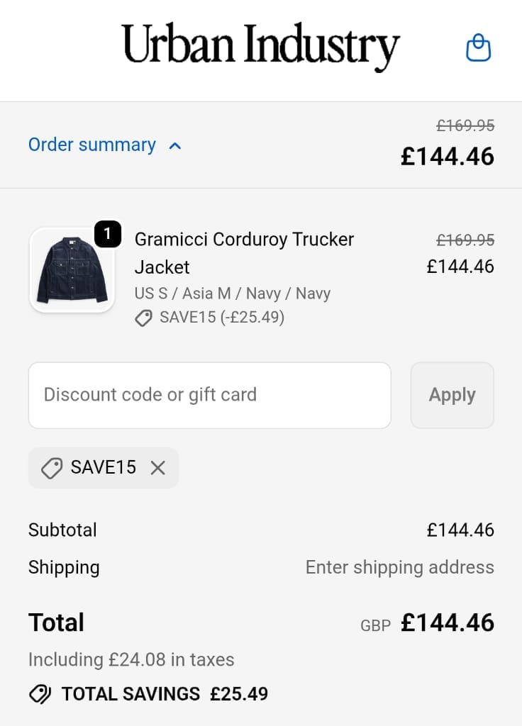 Screenshot of the Urbanindustry discount code working