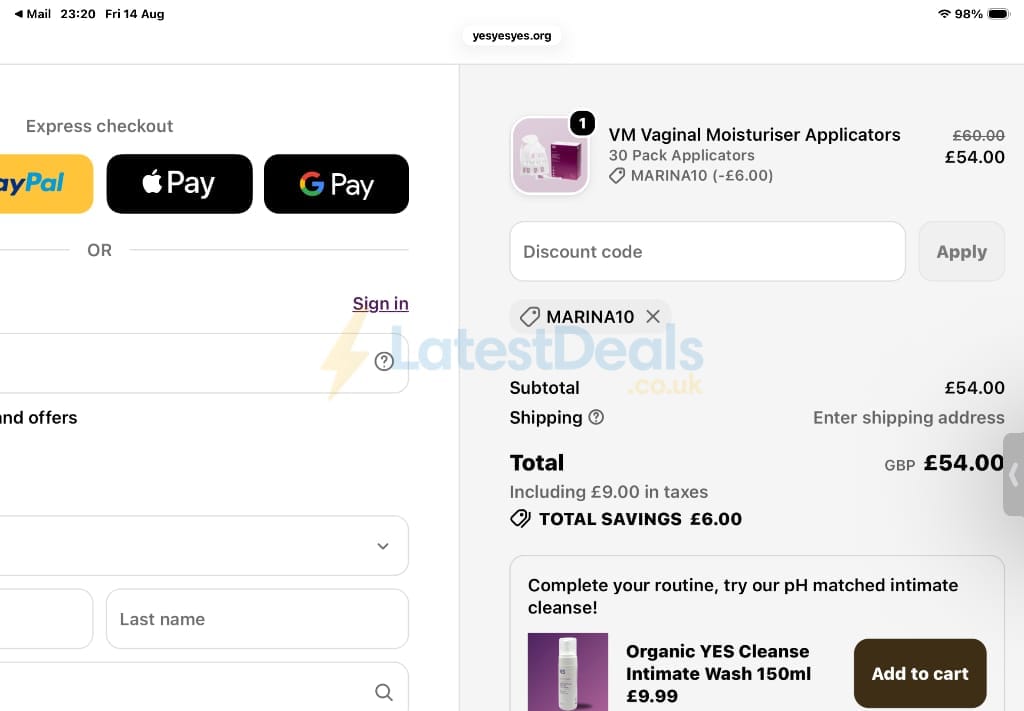 Screenshot of the Yesyesyes discount code working