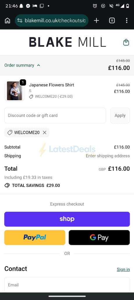 Screenshot of the Blake Mill discount code working
