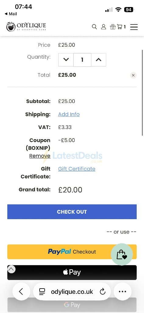 Screenshot of the Odylique discount code working