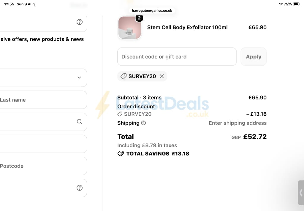 Screenshot of the Harrogate Organics discount code working