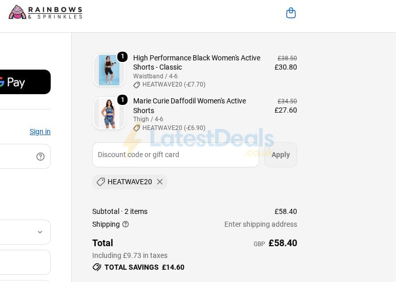 Screenshot of the Rainbows and Sprinkles discount code working