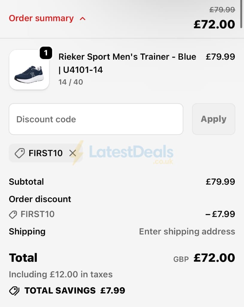 Screenshot of the Rieker discount code working