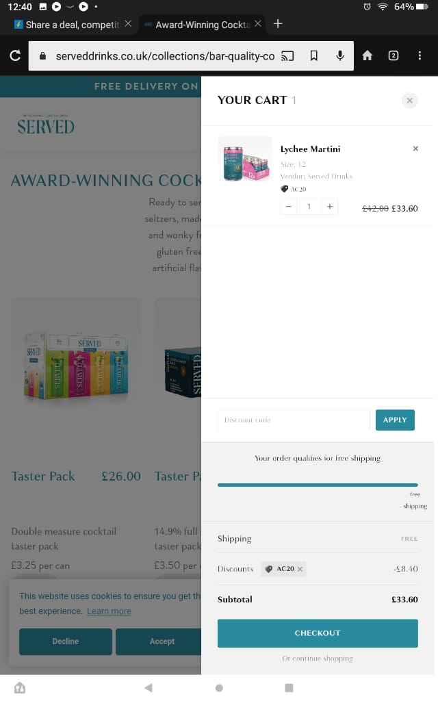 Screenshot of the Served Drinks discount code working