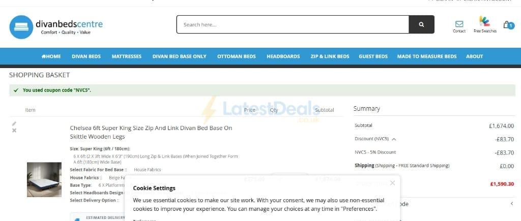 Screenshot of the Divan Beds Centre discount code working