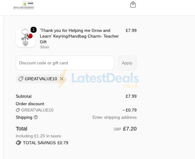 Screenshot of the Liberty Charms discount code working