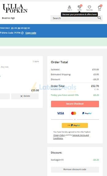 Screenshot of the Ulla Popken discount code working