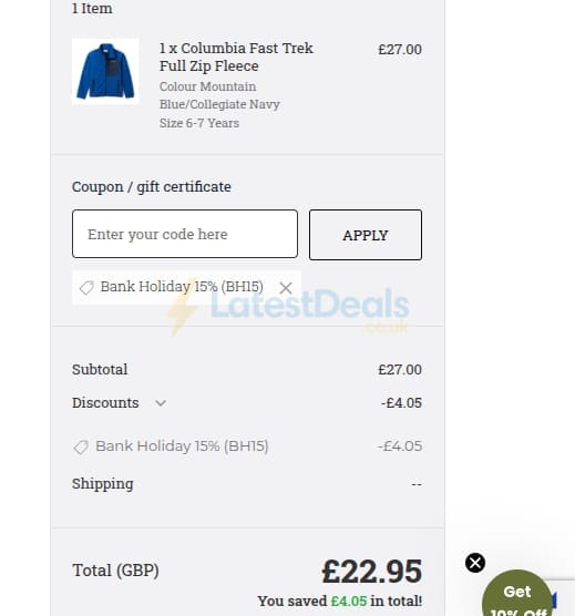 Screenshot of the Little Trekkers discount code working