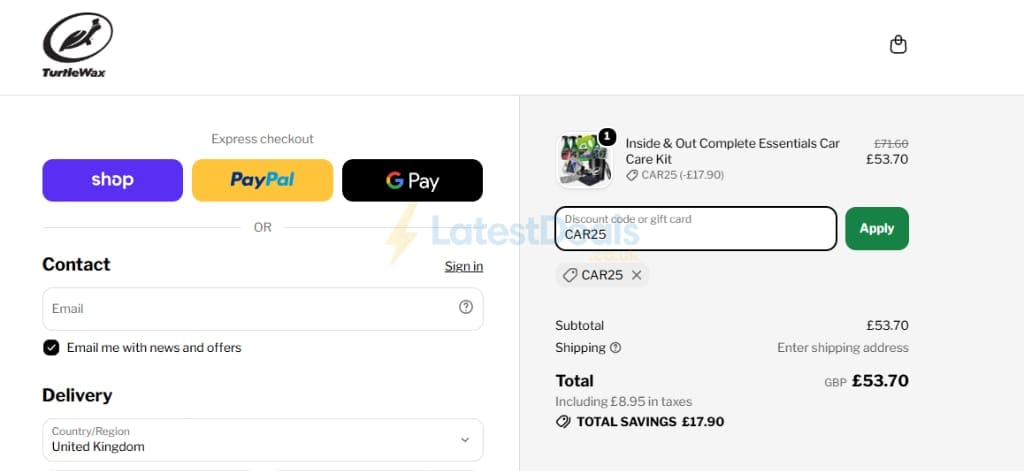 Screenshot of the Turtlewax discount code working