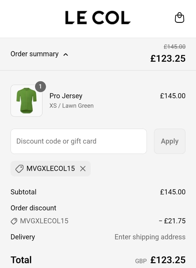 Screenshot of the Le Col discount code working