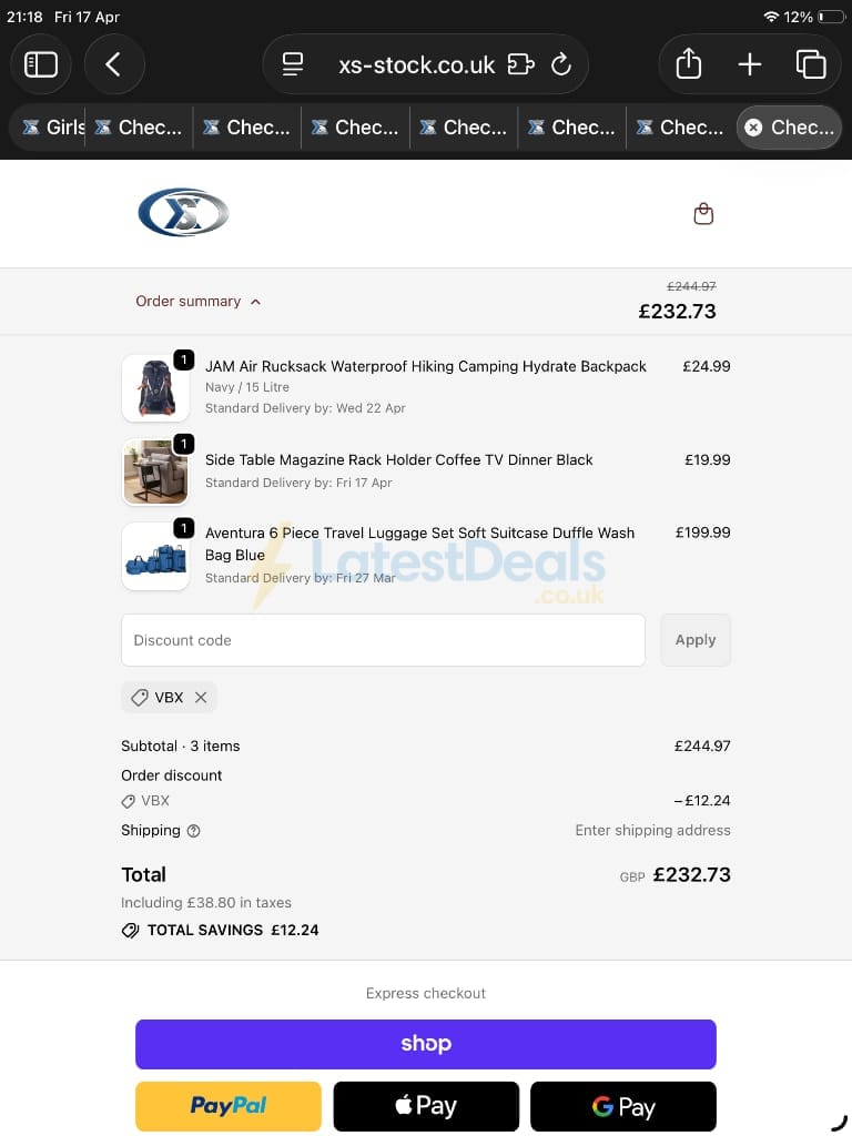 Screenshot of the XS-Stock discount code working