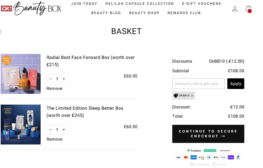 Screenshot of the Ok Beauty Box discount code working