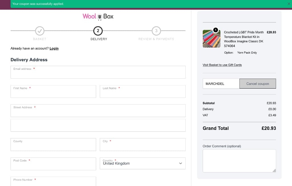 Screenshot of the WoolBox discount code working