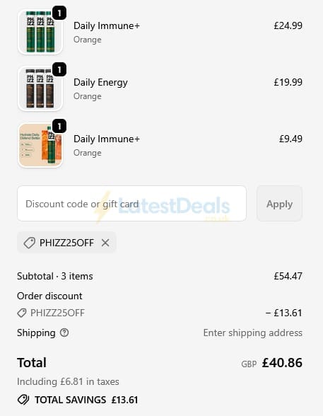Screenshot of the Phizz discount code working