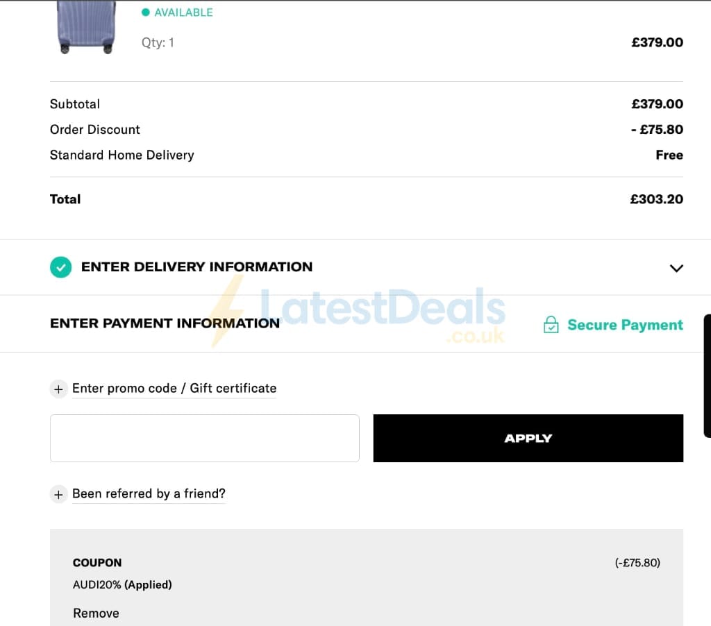 Screenshot of the Samsonite discount code working