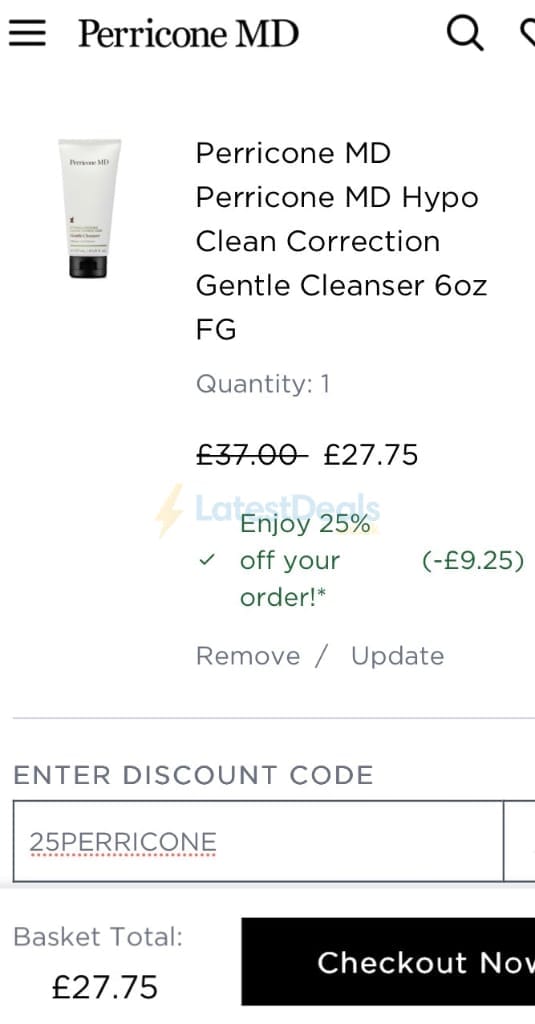 Screenshot of the Perricone MD discount code working
