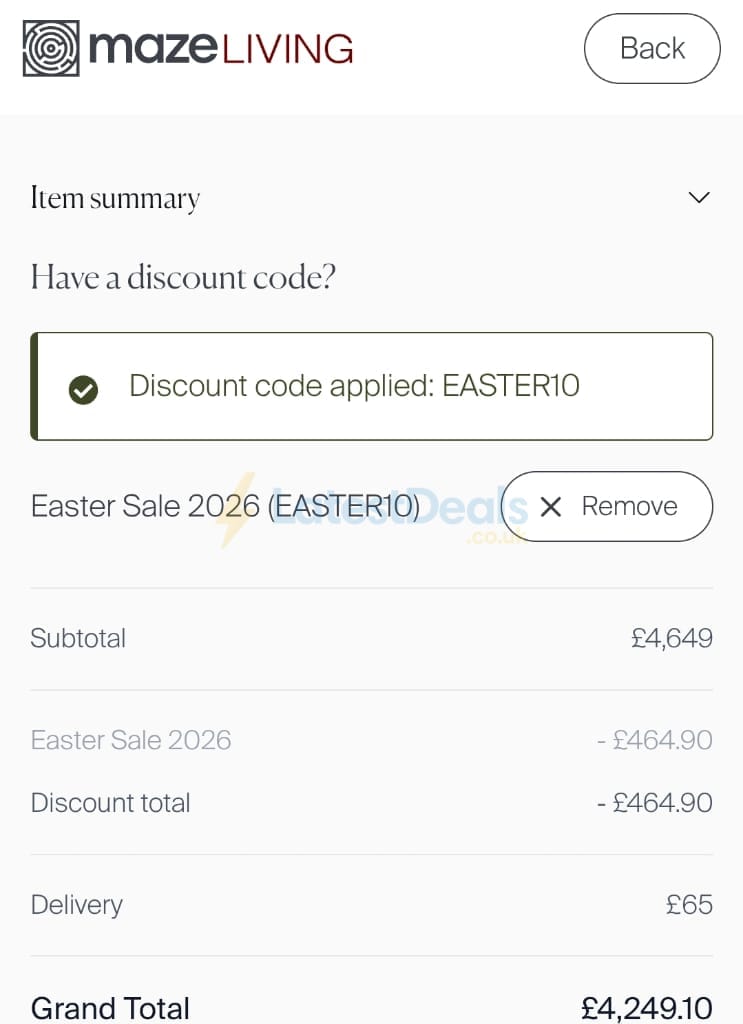 Screenshot of the Maze Living discount code working