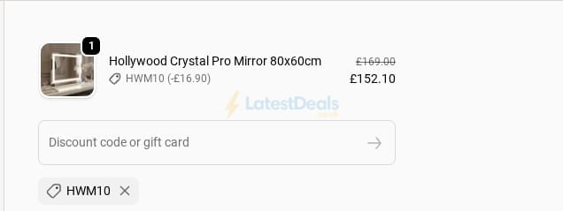 Screenshot of the Hollywood Mirrors discount code working