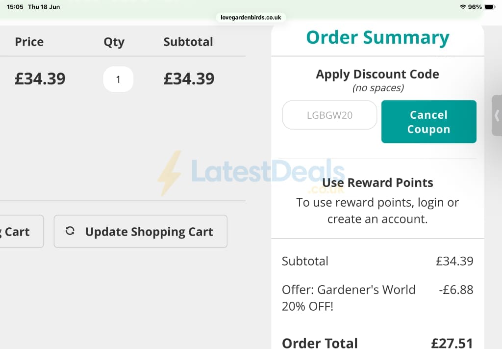 Screenshot of the Love Garden Birds discount code working