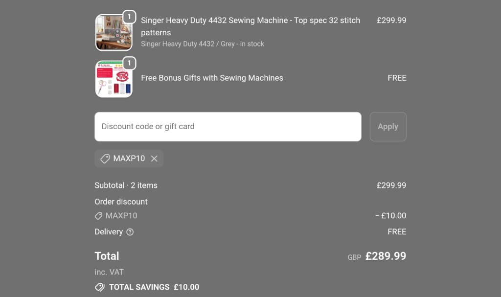 Screenshot of the Singer Sewing Outlet discount code working