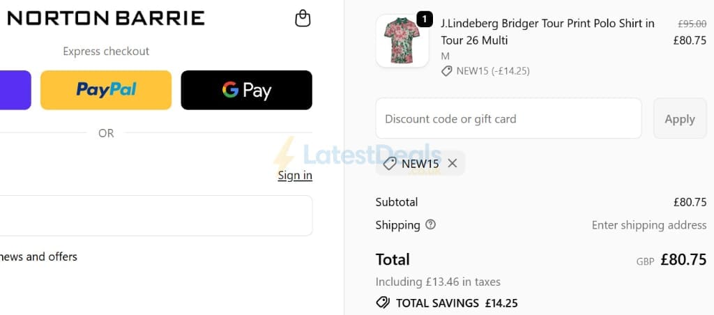 Screenshot of the Norton Barrie discount code working