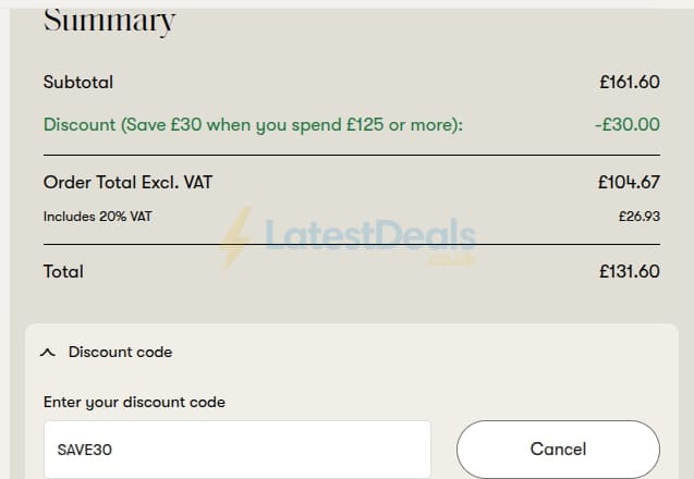 Screenshot of the Spode discount code working