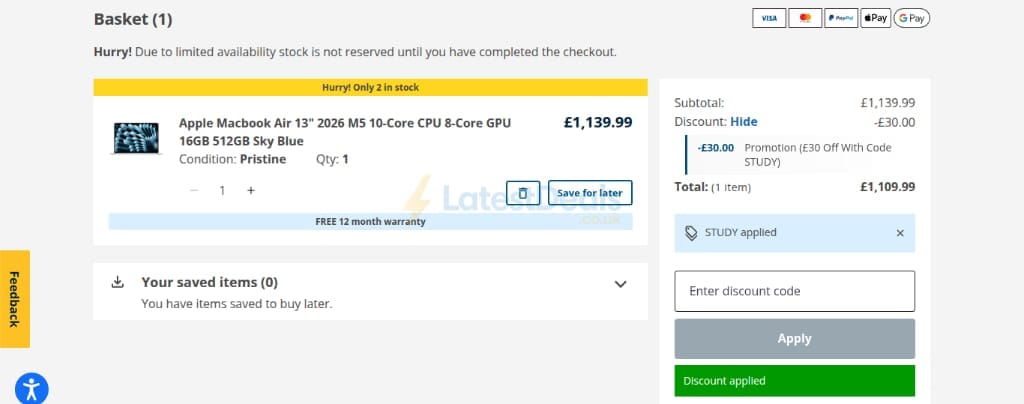 Screenshot of the Music Magpie discount code working