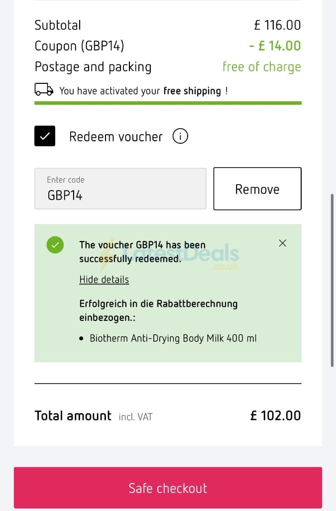 Screenshot of the Parfumdreams discount code working