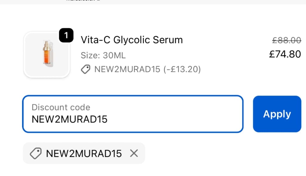 Screenshot of the Murad discount code working