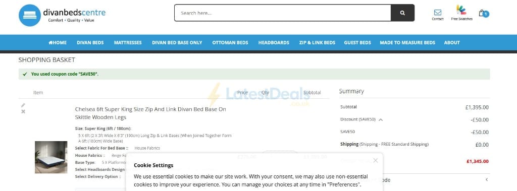Screenshot of the Divan Beds Centre discount code working