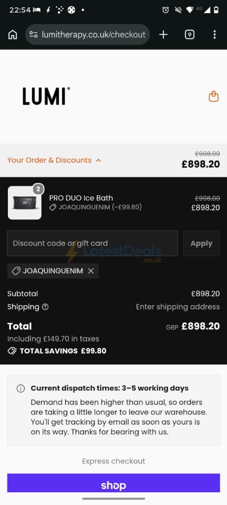 Screenshot of the Lumi Therapy discount code working