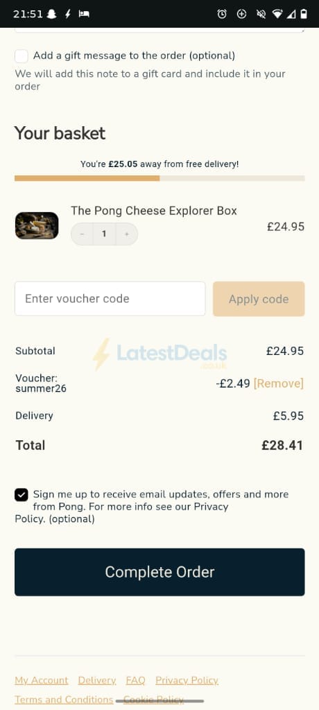 Screenshot of the Pong Cheese discount code working