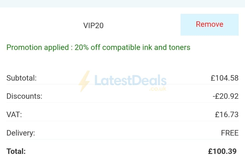 Screenshot of the 999Inks discount code working
