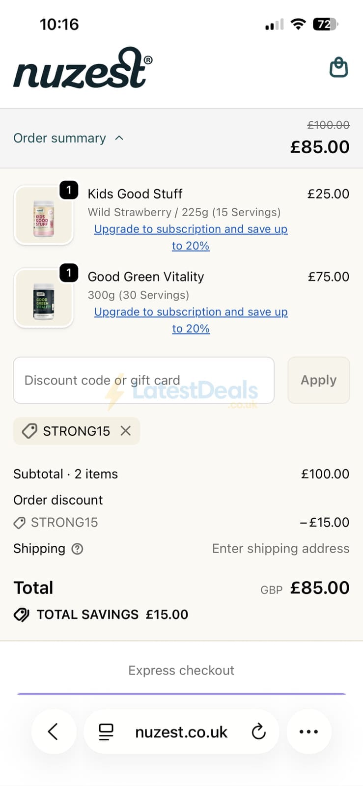 Screenshot of the Nuzest discount code working
