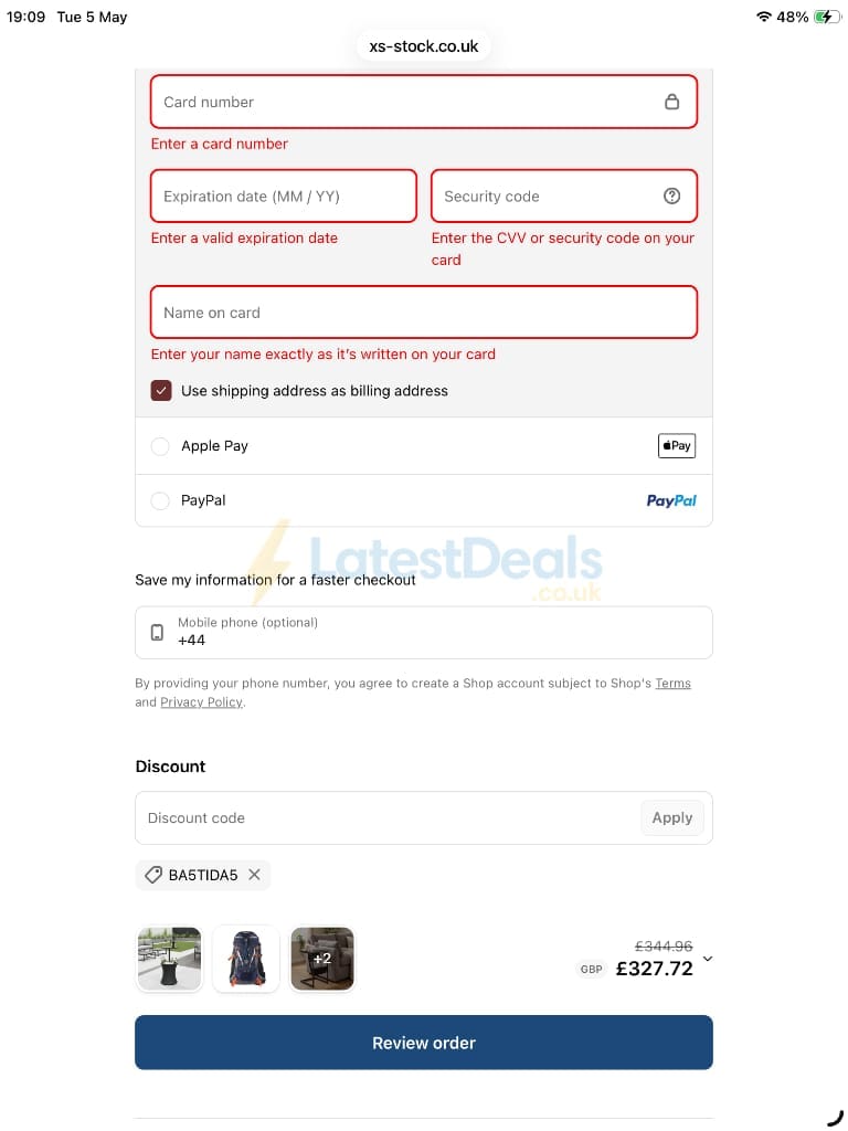 Screenshot of the XS-Stock discount code working