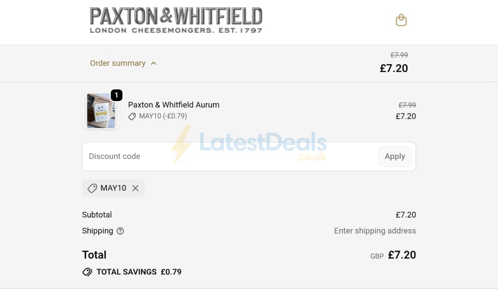 Screenshot of the Paxton & Whitfield discount code working