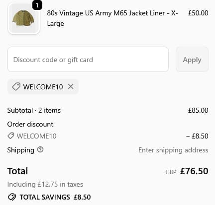 Screenshot of the Rokit Vintage discount code working