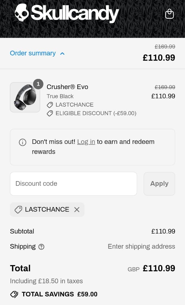 Screenshot of the Skullcandy discount code working