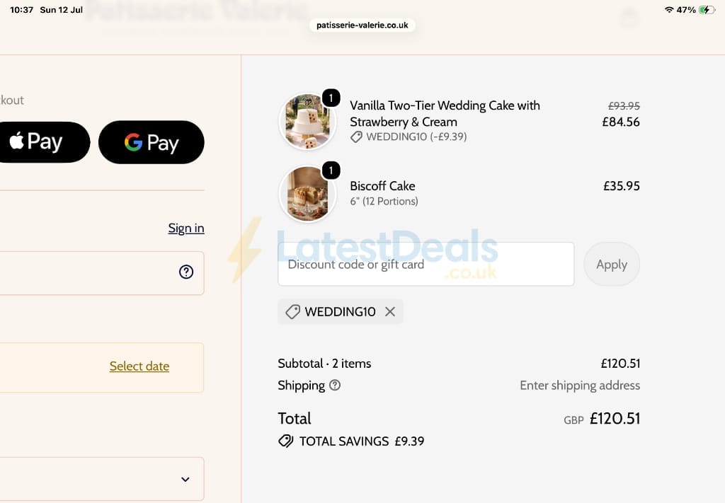 Screenshot of the Patisserie Valerie discount code working