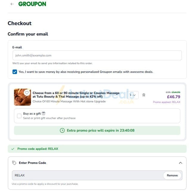 Screenshot of the Groupon discount code working